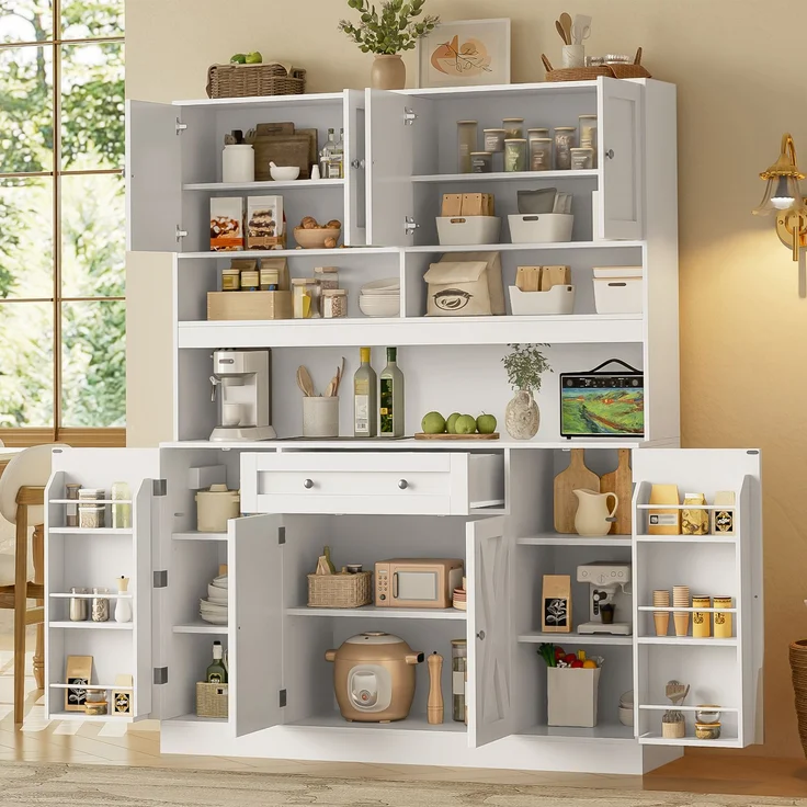 ZUBALIYA Buffetschrank 140x40x185 cm, mit verstellbaren Einlegeböden, aus MDF, Weiß – Bild 18