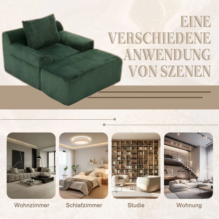 Sessel Cord mit Fußhocker, 147 x 110 x 67 cm,Relaxsessel mit Stauraumtaschen & Federkern, kein Aufbau,Smaragd – Bild 8