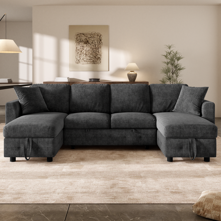 Merax U-Form Chenille Sofa mit Schlaffunktion, Schlafsofa mit 2 Stauraum-Chaiselongues, ausziehbares Schlafsofa mit 1× USB & 1× Type-C Ladeanschluss, mit 2 Kissen, Grau, 260×128×82 cm – Bild 2