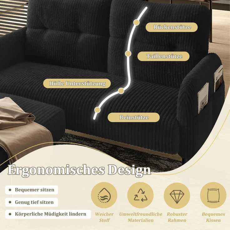 Sofa-Set 120x75x79 cm aus Cord mit Sessel und Hocker – 3-teilig, flexibel kombinierbar – Bild 6