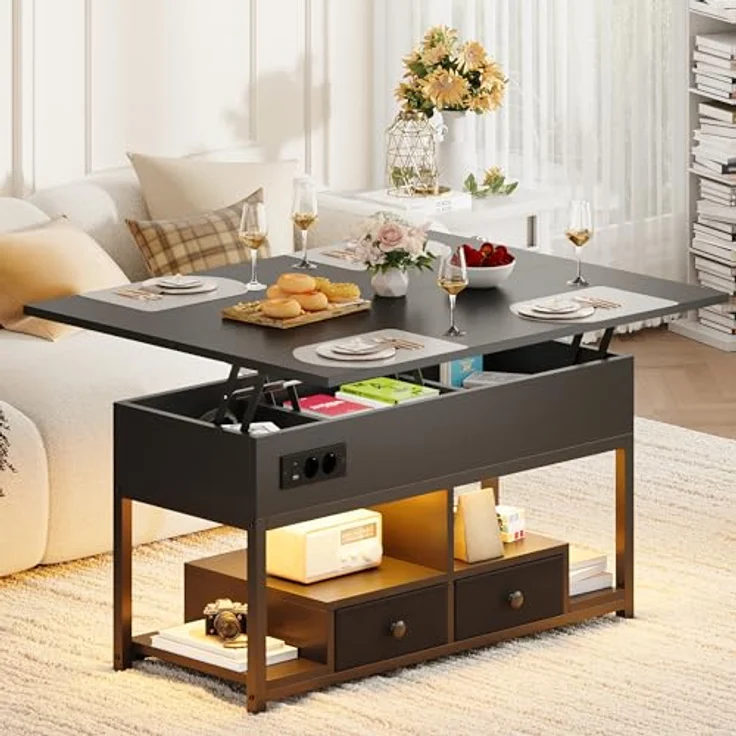 IRONCK Couchtisch Höhenverstellbar, LED Wohnzimmertisch mit Steckdosen | 2AC+USB+USB‑C, Kaffeetisch Holz, 2 Schubladen, Umwandelbar Esstisch 100×80cm, Schwarz – Bild 1