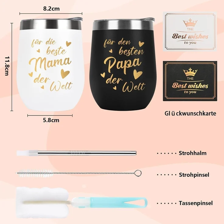 Livole Mama und Papa Geschenk Tasse Thermobecher 350ml 2 Stück Schwarz – Bild 7