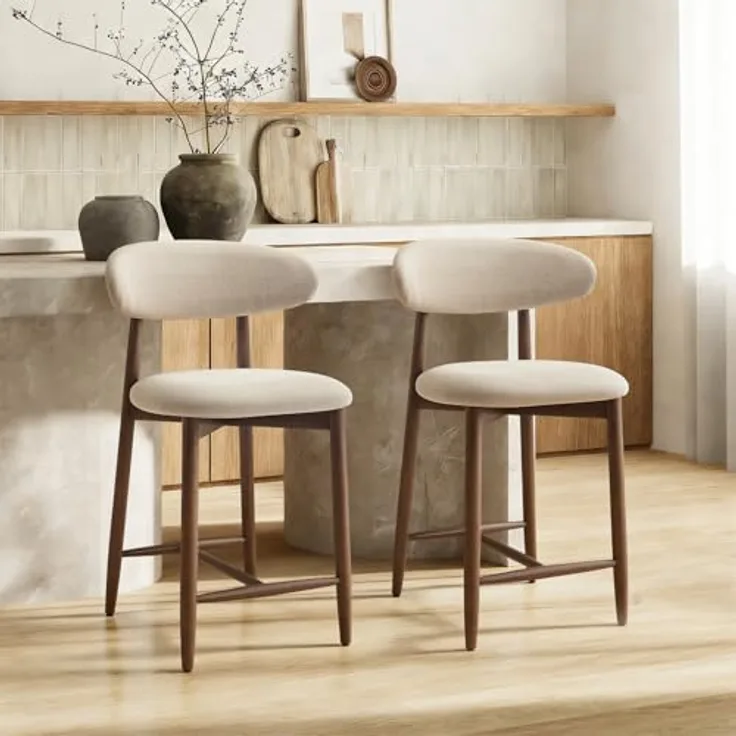 COLAMY Barhocker 2er Set, Tresenhöhe, Küchenhocker mit Rückenlehne, gepolstert im Mid-Century-Modern-Stil, mit Holzbeinen für Kücheninsel und Esszimmer, Beige
