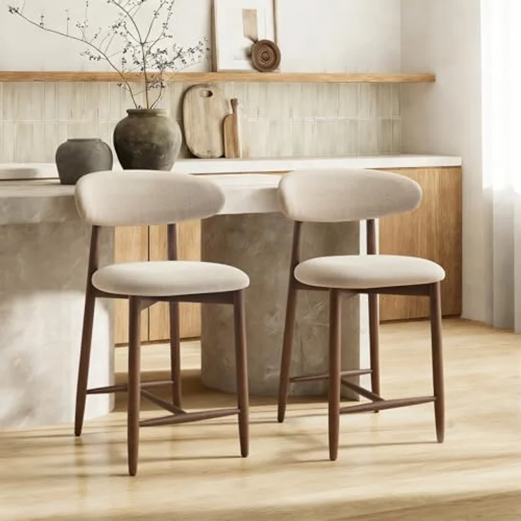 COLAMY Barhocker 2er Set, Tresenhöhe, Küchenhocker mit Rückenlehne, gepolstert im Mid-Century-Modern-Stil, mit Holzbeinen für Kücheninsel und Esszimmer, Beige – Bild 1