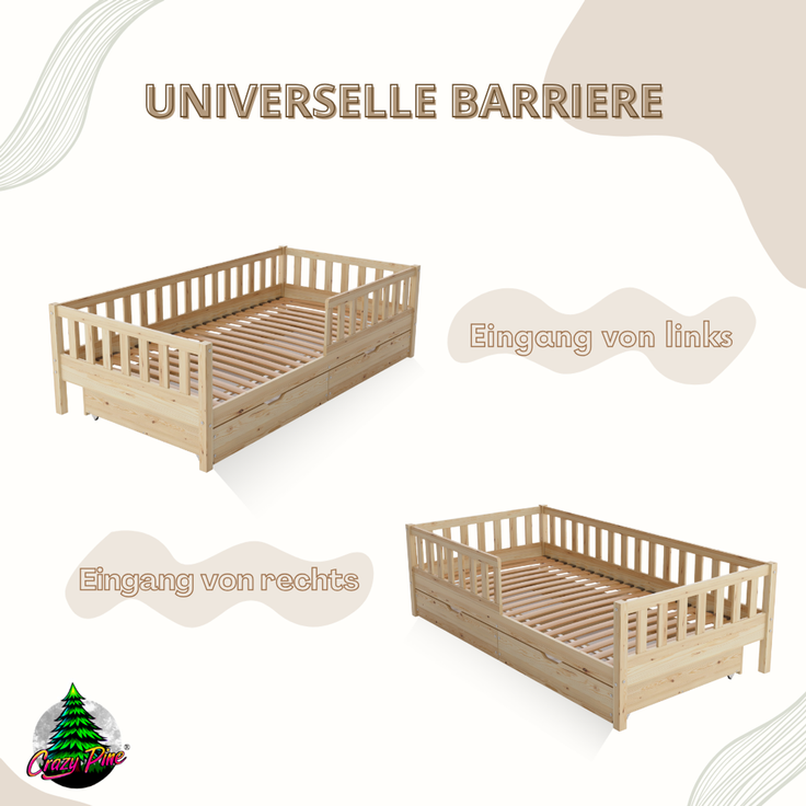 Crazy Pine 'Crazy Basic' Kinderbett mit Rausfallschutz, Skandinavisches Design, Holz, Natur, 80x160 cm, mit Schublade – Bild 8