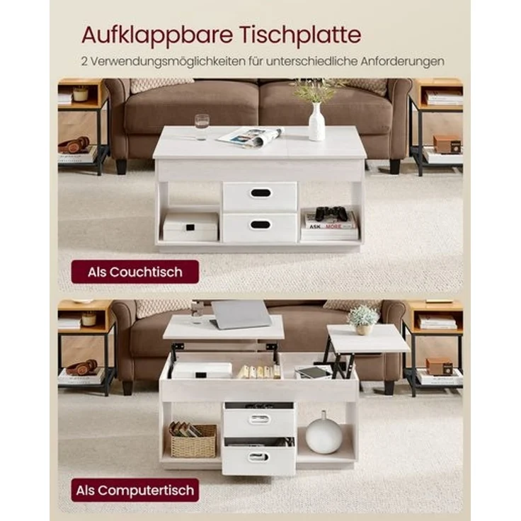 Vasagle Couchtisch, höhenverstellbarer Wohnzimmertisch, 2 Schubladen und versteckte Fächer, Kaffeetisch, offene Fächer, für Wohnzimmer, Homeoffice, haferflockenbeige – Bild 3