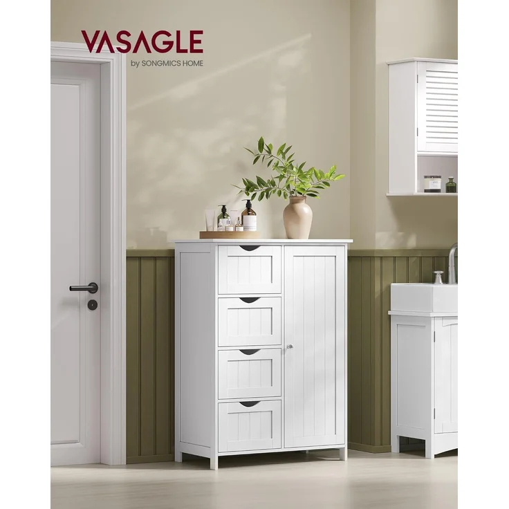Vasagle Badezimmerschrank, schmaler Badschrank, Beistellschrank, Kommode, mit Schubladen, Schranktür, verstellbare Ablage, x x cm,, Weiß, 4 – Bild 2