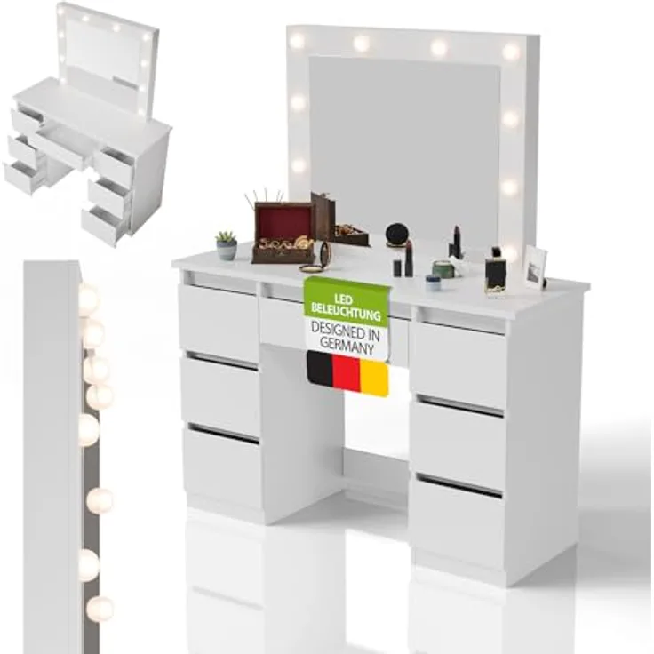 Juskys Schminktisch Talea, Weiß, mit LED-Spiegel, 7 Schubladen, 110x141x40 cm