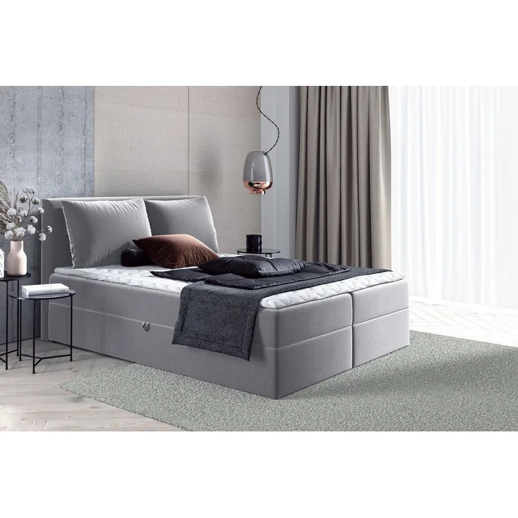 Boxspringbett Egro mit 2 Bettkästen und Zwei große Kissen - Doppelbett mit Bonell-Matratze und Topper, Polsterbett (Grau (Paros 05), 140 x 200 cm)