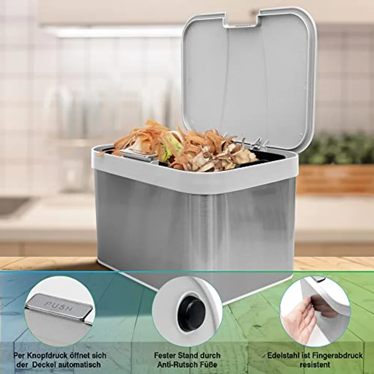 YourCasa Biomülleimer YourCasa® Biomülleimer Küche aus Edelstahl Komposteimer Küche - 4,3L, Deckel öffnet per Knopfdruck, Edelstahlgehäuße – Bild 5