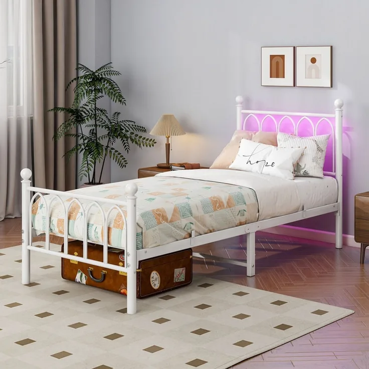 Homerecommend Metallbett 90x200 cm, Einzelbett und Gästebett, mit Lattenrost und minimalistischen Kopfteil, Schwarz