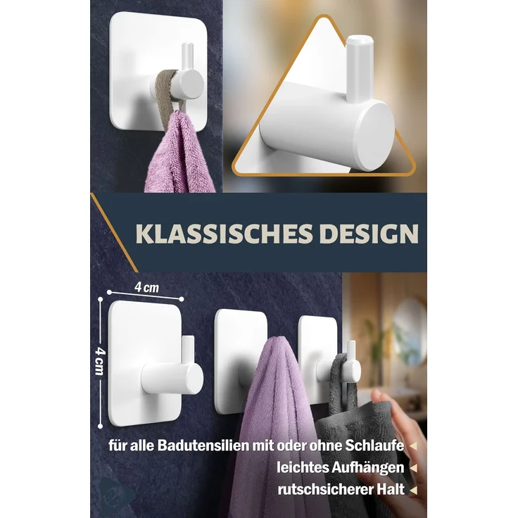 Lindenstein Handtuchhaken 8er-Set Weiß – Edelstahl V2A, selbstklebend mit 3M-Pads – Bild 3