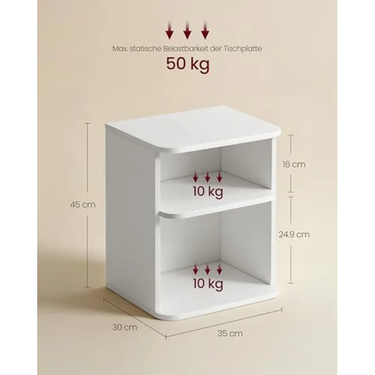 VASAGLE Nachttisch, Snapsemble – superschnelle Montage, 2er Set Beistelltisch mit 3 Ebenen, offene Ablagen, niedrig, Schlafzimmer, Wohnzimmer, kleine Räume, 30 x 35 x 45 cm, wolkenweiß LET123WE01-2J – Bild 2
