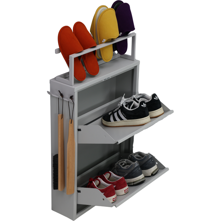 Schuhkipper mit Zubehör, Grau, 2 Klappen 52x15x85,5 cm, Pantoffelregal, Hakenleiste – Bild 3