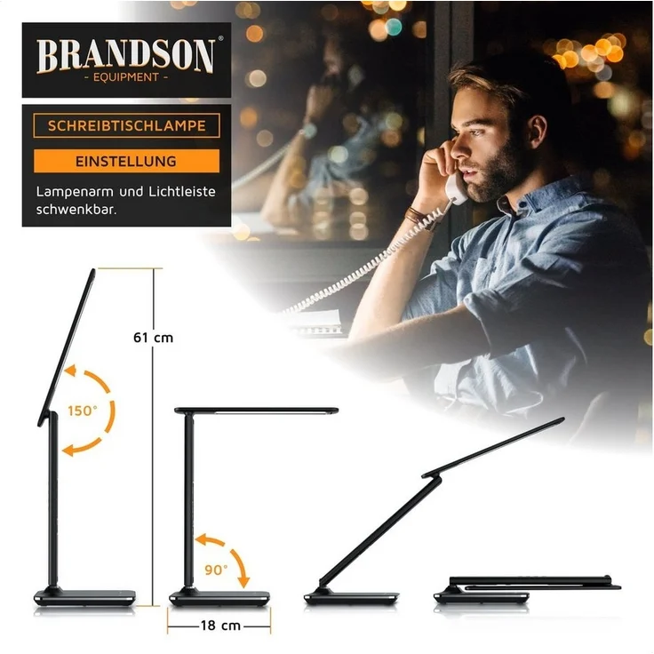 Brandson Schreibtischlampe Lederoptik LED Tischlampe dimmbar, Temperatur, Alarm, Kalenderfunktion, Tageslicht, 3 Lichtfarben, 5 Helligkeitsstufen, USB Lade Anschluss – Bild 2
