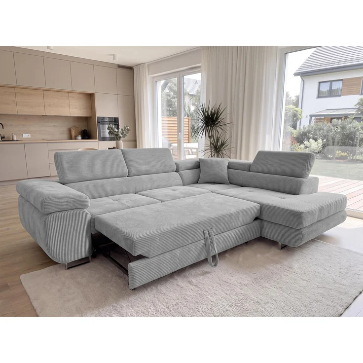 AX LIVING Konak Cord-Schlafsofa R Hellgrau 276 cm breit – Bettkasten & Kopfstützen – Bild 2