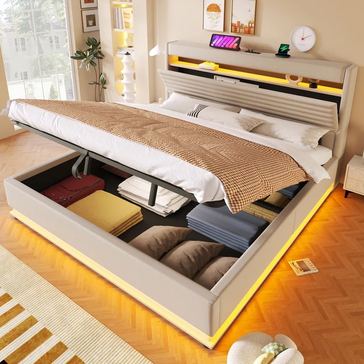 Merax Polsterbett, 180x200 cm, Doppelbett Mit USB Typ-C Ladefunktion, LED-Beleuchtung, Hydraulische Lagerung, Flip-Top-Aufbewahrungsfach, Ohne Matratze, Leinen, Beige – Bild 1