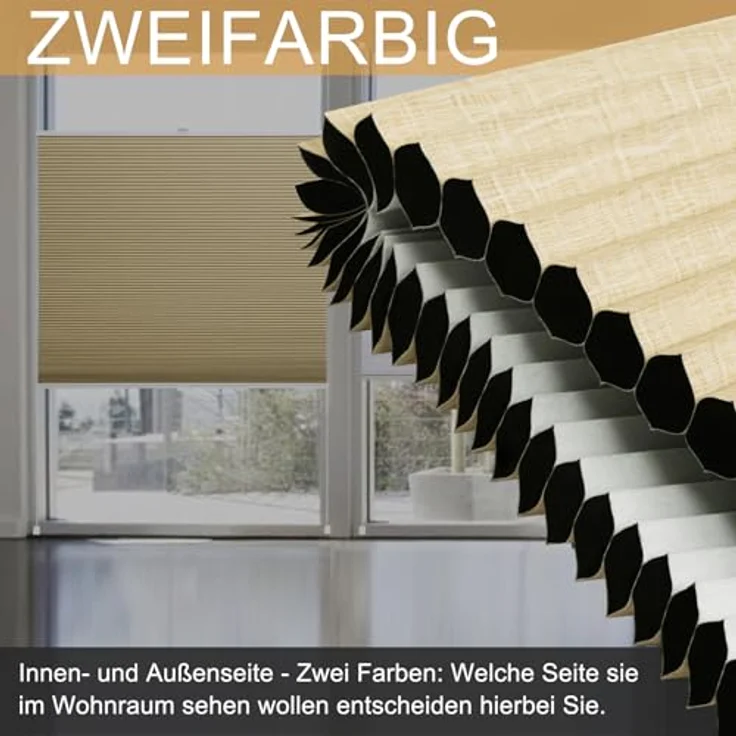 WOLTU Wabenplissee ohne Bohren Verdunklung Thermo Doppelplissee Klemmfix Zweifarbig 75x120 cm Beige-Weiß, Plissee Faltrollo Sonnen-, Sicht- & Schallschutz, Jalousie Plisseerollo für Fenster & Tür – Bild 4