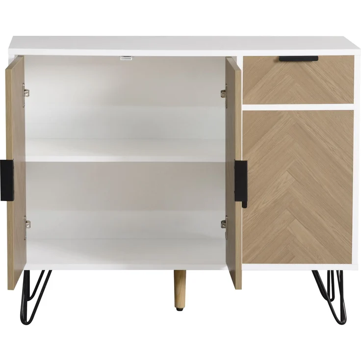 Aufbewahrungsschrank Weiss Holzoptik 90x30 cm mit Schublade und 3 Türen Metallfüße Schwarz Regal Sideboard für Wohnzimmer Flur – Bild 8