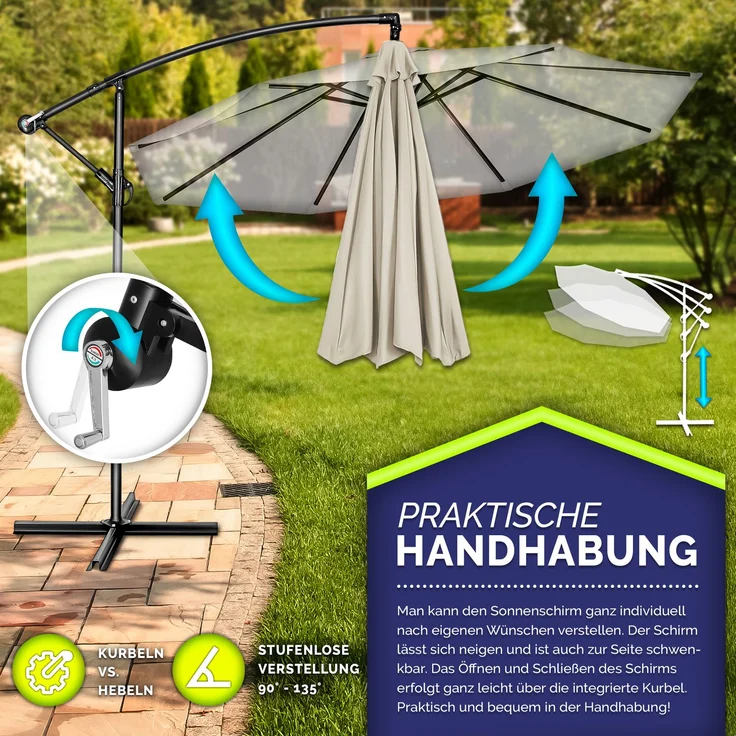 tillvex Sonnenschirm Beige Ø 350 cm Ampelschirm Gartenschirm Marktschirm Kurbel Balkon Alu Neigbar Beige - Ø350cm – Bild 3