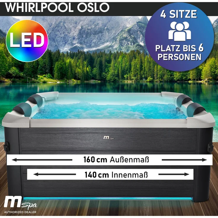 BRAST Whirlpool 'MSpa Oslo', 160 x 160 x 65 cm, mit fester Außenwand, LED-Beleuchtung (20 Farben), für 6 Personen, 120 Massagedüsen, ganzjähriger Einsatz, winterfest, für Indoor & Outdoor – Bild 2