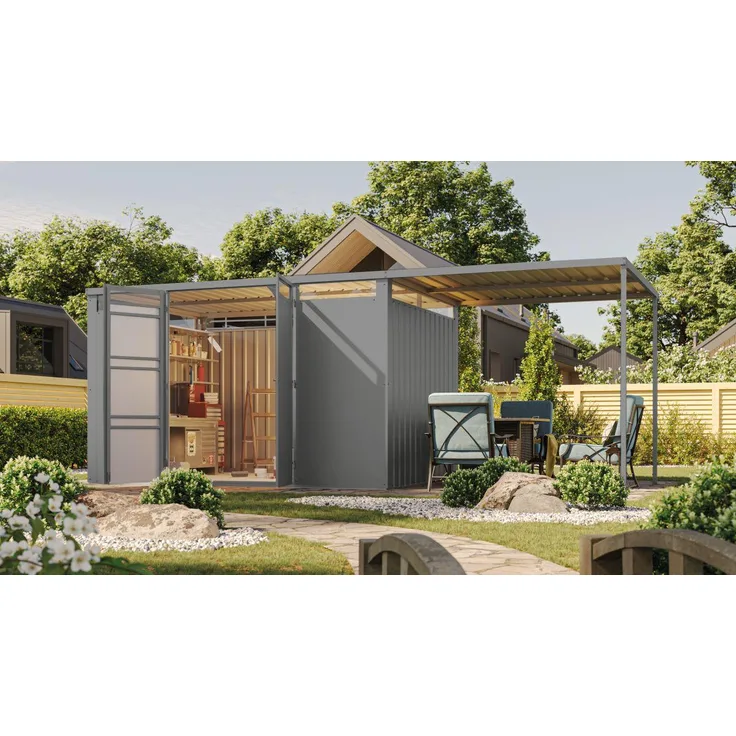 Metallgartenhaus Callisto 3 - 344x231 cm mit Anbaudach 2,25 m, Trapezblech staubgrau