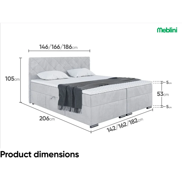 MEBLINI Boxspringbett MALDINI 180x200cm - H3B/Hellgrau Samt - mit Bettkasten - Polsterbett - Doppelbett mit Topper & Bonellfederkern-Matratze – Bild 7