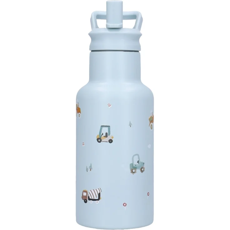Kidzroom Little Story Edelstahl Trinkflasche Kinder 350 ml mit Strohhalm Fahrzeug Motiv für Schule und Kita – Bild 2