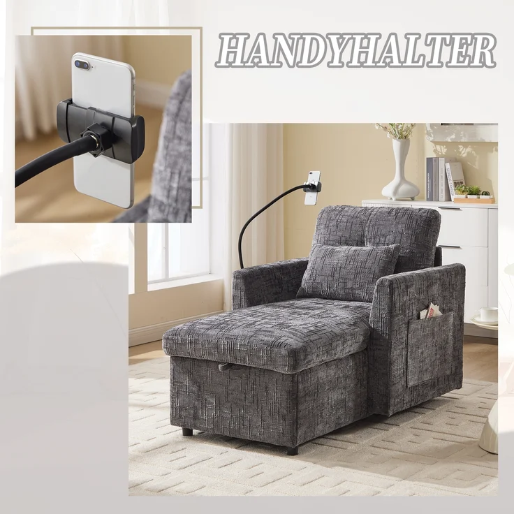 LVHOM Einzelsofa mit Handyhalterung, Polsterliege mit Bettkasten und Seitentaschen, Relaxsessel Schlafsofa mit versteckten Stauraum – Bild 6