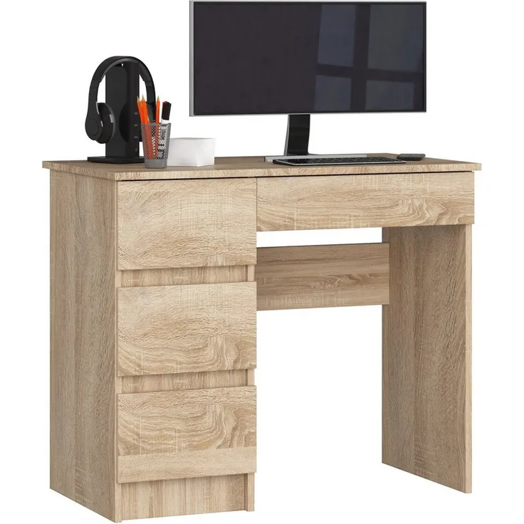 Raumhirsch Furniture Schreibtisch Kinder Computertisch, eleganter Schreibtisch mit 4 Schubkästen, Kasten linke Variante, Eiche Sonoma, 90 cm breit