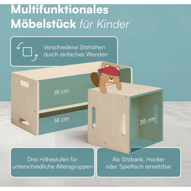 Bellabino 'Aki' 2in1 drehbare Kindersitzgruppe, 2x Stuhl und 1x Bank, natur unbehandelt, Birke Sperrholz, 3 Sitzhöhenstufen – Bild 5