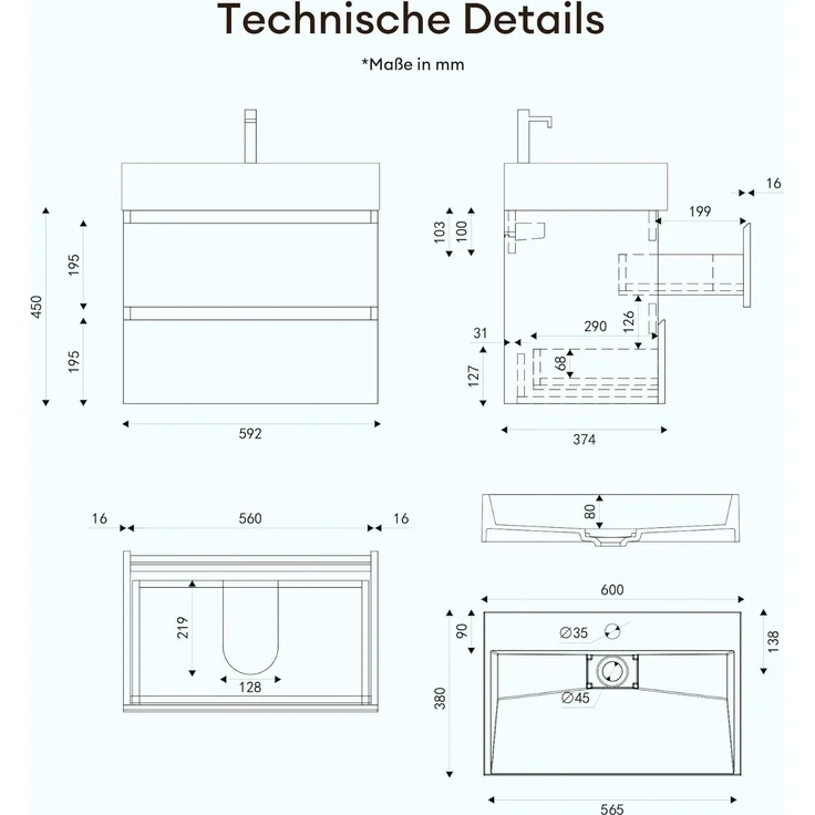 doporro Badmöbel-Set Badmöbel-set Verona Waschbecken-Unterschrank Wandmontage – Bild 7