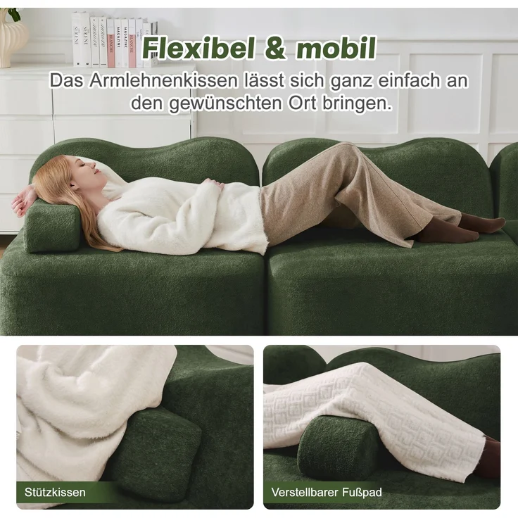 EINHOM 3-Sitzer Modulares Boneless Sofa aus 32D Hochdichtschaum, Wellenform mit tiefer Sitzfläche, bewegliches Armlehnenkissen, ideal für Wohnzimmer, Grün – Bild 7