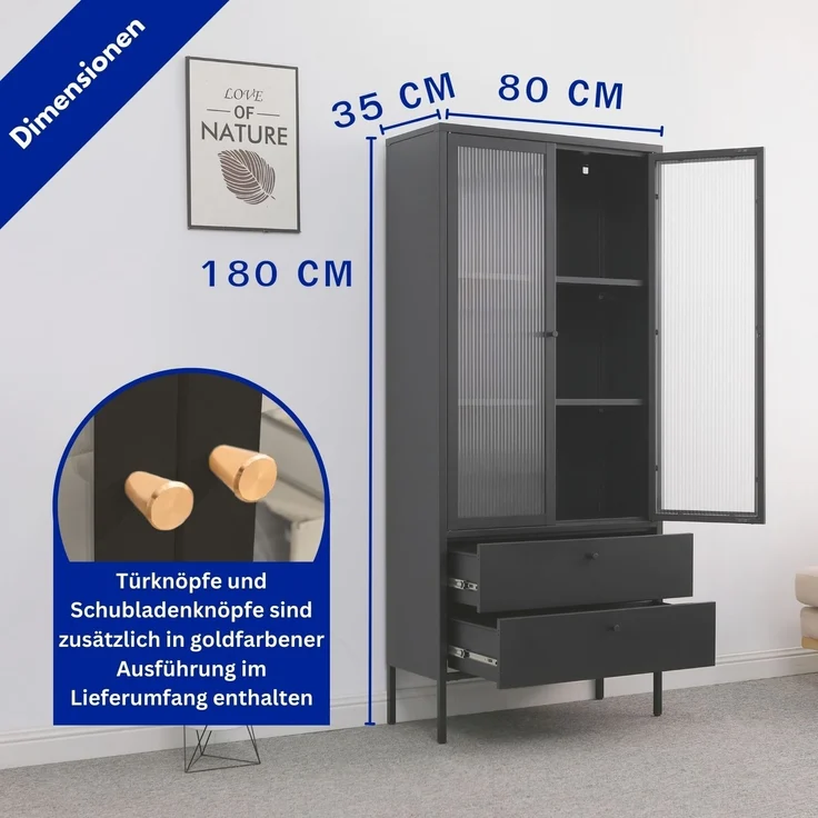 Mein-Regal Vitrine Paris aus Metall mit Schubladen und Glastüren Schwarz – Bild 4
