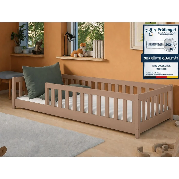 Kids Collective Kinderbett Bodenbett Bett mit Rausfallschutz & Lattenrost Montessori Bett Kinder (weitere Größen 90x200, 120x200, 140x200 cm), mit Matratze Jugendbett Einzelbett Milchschokolade 80x160 cm – Bild 1