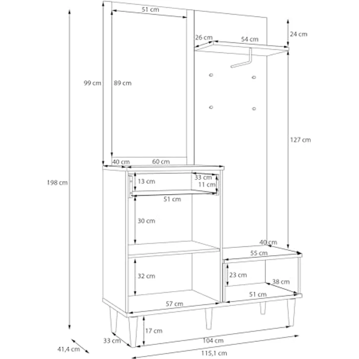Forte CALASETTA Garderobe 120, 2 Schubladen, 1 Tür, mit Spiegel, Kleiderstange und Ablageflächen, Holzwerkstoff, Elegancia Eiche Holzdekor | Technorattan, 115,1 cm breit x 198 cm hoch x 41,4 cm tief – Bild 8