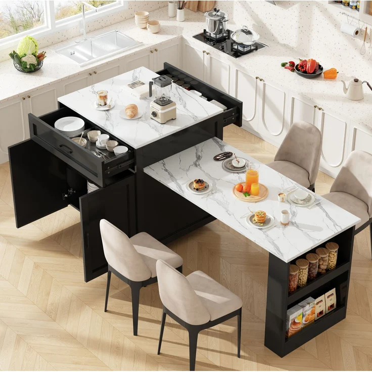 Ausziehbarer Bartisch aus MDF mit Stauraum, 98-204x70x93,5 cm, Schwarz – Bild 2