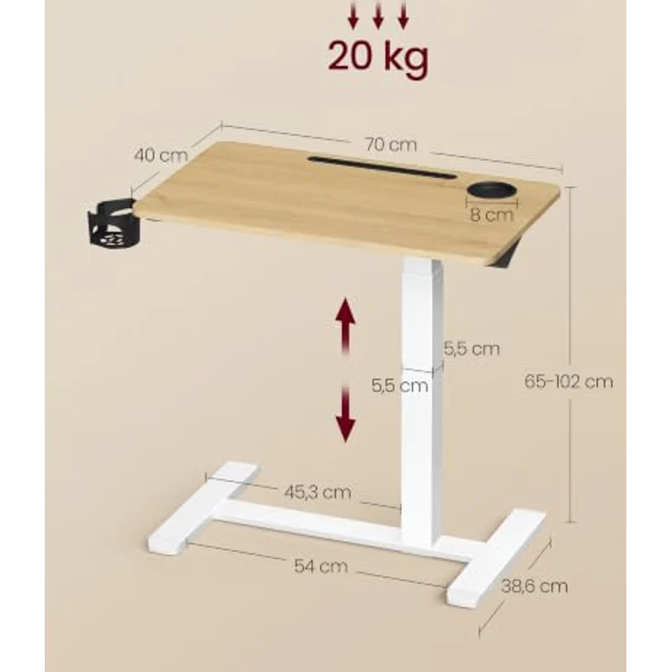 VASAGLE Beistelltisch mit Rollen, mobiler Stehtisch, 70x40 cm große Tischplatte, verstellbare Höhe, 2 Getränkehalter, Schlitz für Handy oder Tablet, goldeichenfarben LSD600YA01 – Bild 2