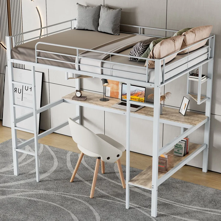 Weißes Metall-Hochbett 90×200cm mit Schreibtisch, vier dreieckigen Kleinregalen + großem Bücherregal, Stahl+E1-MDF, inkl. 24 Lattenroste, ohne Matratze, Gesamt L204,5 × T95 × H180,5 cm – Bild 2
