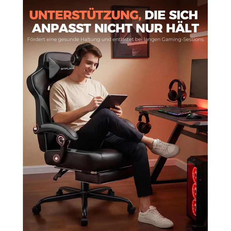 GTPLAYER Gaming Stuhl mit Fußstütze, Ergonomischer Bürostuhl 180kg, Schwerlast Gaming Sessel mit Lendenwirbelstütze und Kopfstütze, Höhenverstellbarer Computerstuhl, Gepolstert, neigbare 155°, GRAU – Bild 4