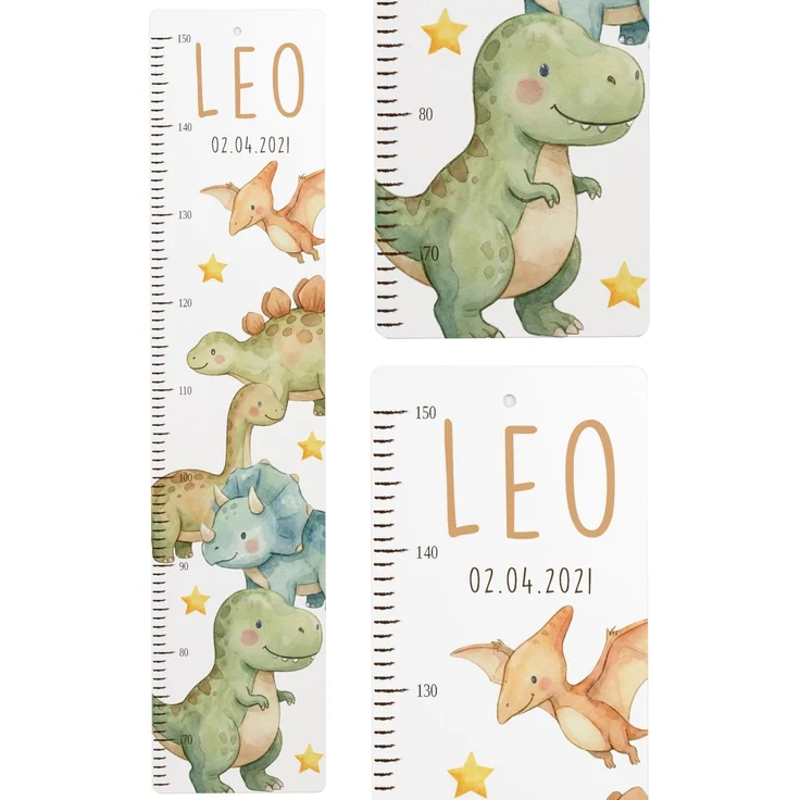 Kidsmood - Personalisierte Messlatte Kinder Aluverbund – Hochwertige Messleiste & Wand-Deko für Kinderzimmer mit abenteuerlichem Dinosaurier – Tolles Taufgeschenk für Mädchen & Jungen (65-140cm)