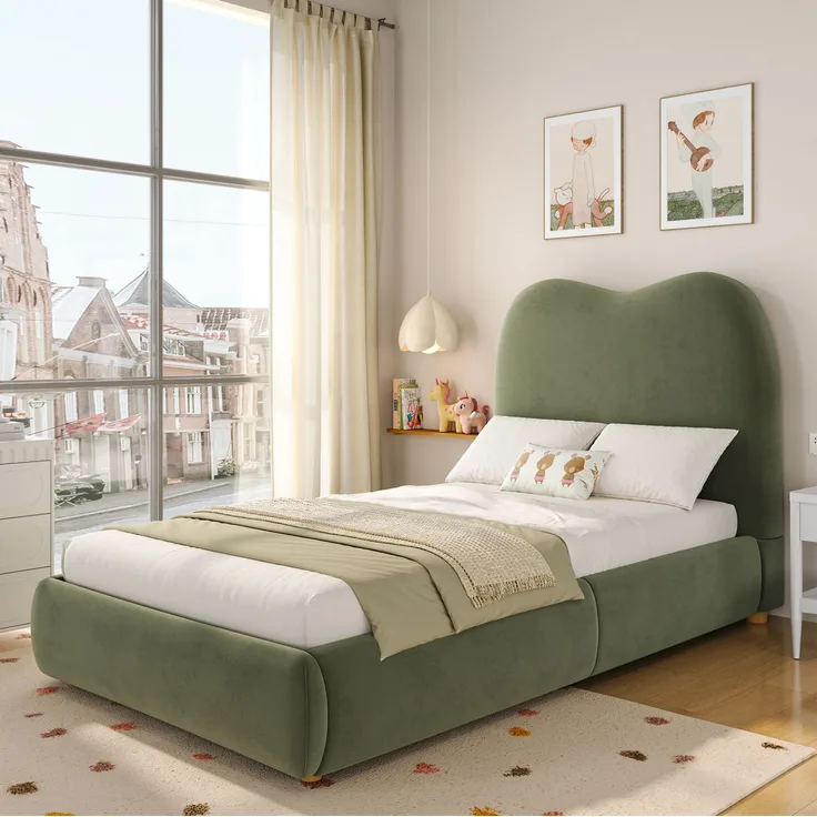 Kinder-Polsterbett aus Samt mit hydraulischem Stauraum, 90x200 cm, Grün, ohne Matratze