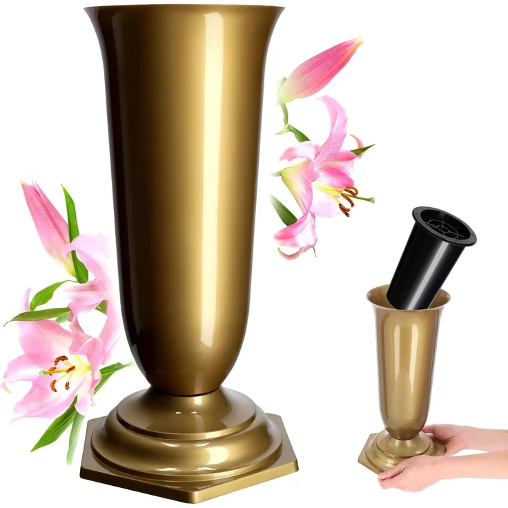 KADAX Vase, Fläschchen, Blumen, Grabstein, Friedhof, Grabstein-Einsatz, Sockel, Gold, 37 cm – Bild 1