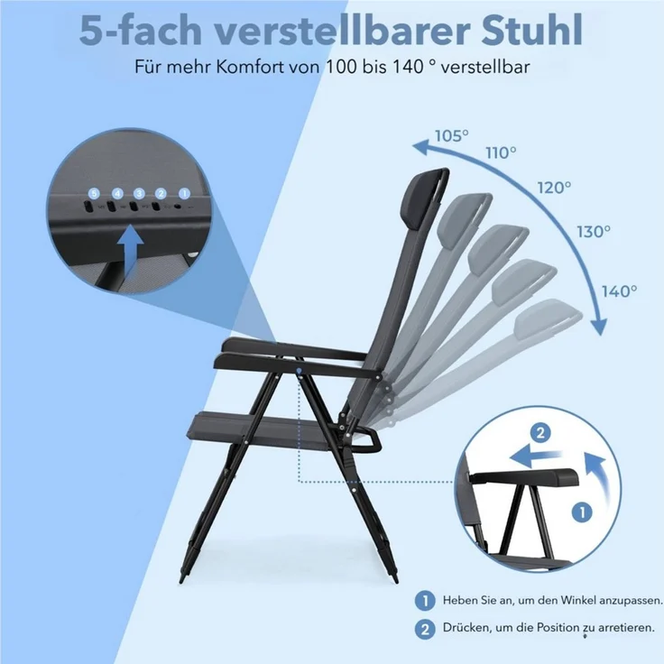TLGREEN Campingstuhl Klappstuhl mit Kopfkissen, (5-stufig verstellbar Gartenstuhl Liegestuhl, 4 St), für Outdoor Balkon Strand bis 120 kg belastbar – Bild 4