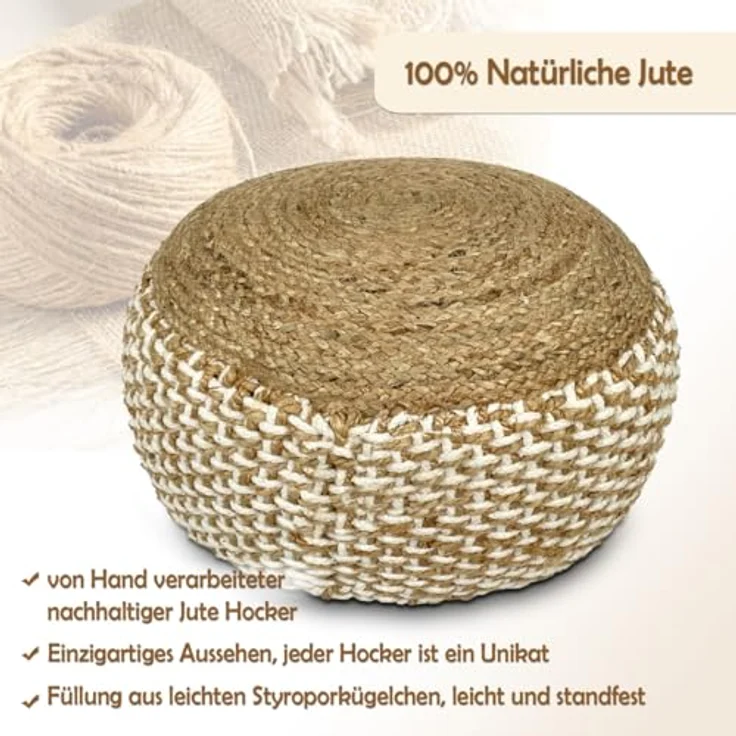 Amagohome Sitzhocker Sitzhocker natur/weiß Sitzpouf Jute rund 50 x H 35 cm Deko Hocker Bod – Bild 10