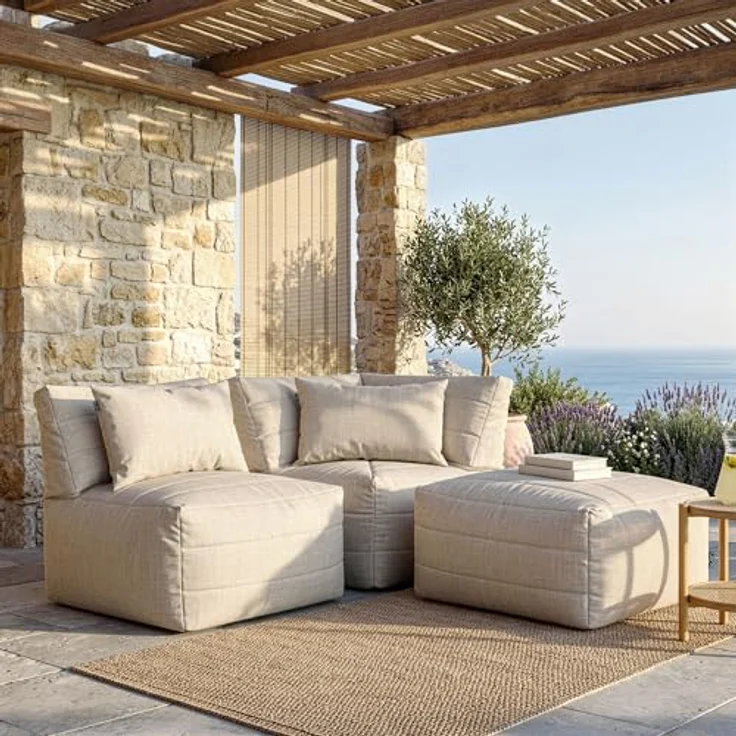 Icon Noa Modular Sofa für Erwachsene, Beige, Webstoff für Drinnen und Draußen, 3 Sitzer Ecksofa, Bequemer Sitzsack Sofa mit Füllung, Garten, Terrasse, Lounge, Wohnzimmer – Bild 2