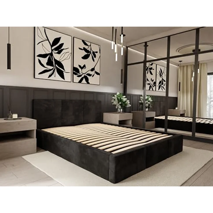 Muralo Polsterbett mit Bettkasten und Kopfteil, Metallgestell, Schwarz, 160x200 cm, Petproof Magic Velvet Stoff – Bild 5