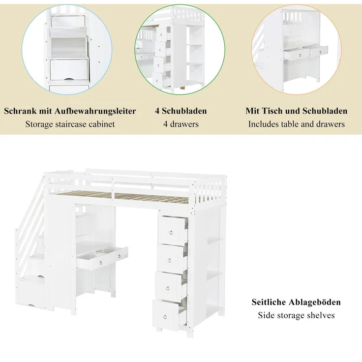 Hochbett mit Schreibtisch, Regal, Schubladen, Treppe, Schrank, Lattenrost und Rausfallschutz, 90x200 cm, Holzbett – Bild 3