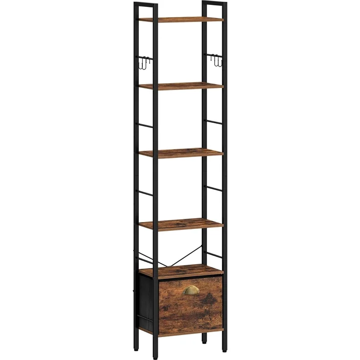 Bücherregal, 6 vertikale Regale mit 1 Zusammenklappbare Stoffschubladenund 4 Haken, offene Regale, Metallrahmen, geeignet für Arbeitszimmer, Wohnzimmer Vintagebraun-Schwarz – Bild 2
