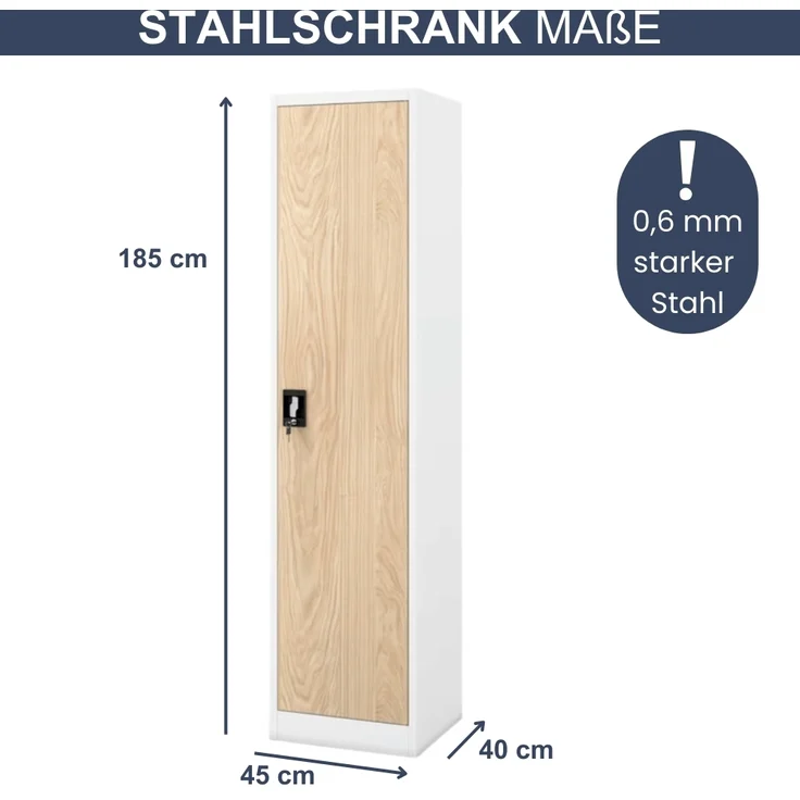 Aktenschrank abschließbar KADO - 5 Ebenen verstellbar, Flügeltüren | Metallschrank Werkstatt Mehrzweckschrank Büroschrank aus Stahl Werkzeugschrank, 185x45x40cm Weiß-Sonoma Eiche – Bild 2